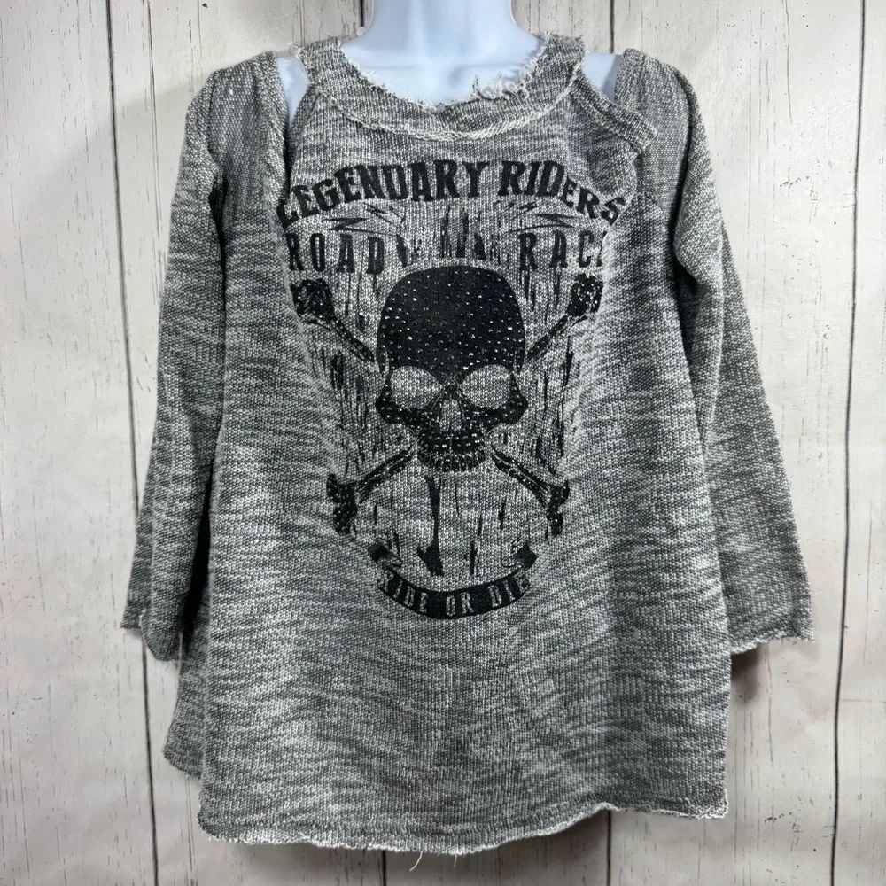 Vocal Gray Skull Graphic Distressed Cold Shoulder Tunic XL Biker Grunge Edgy
